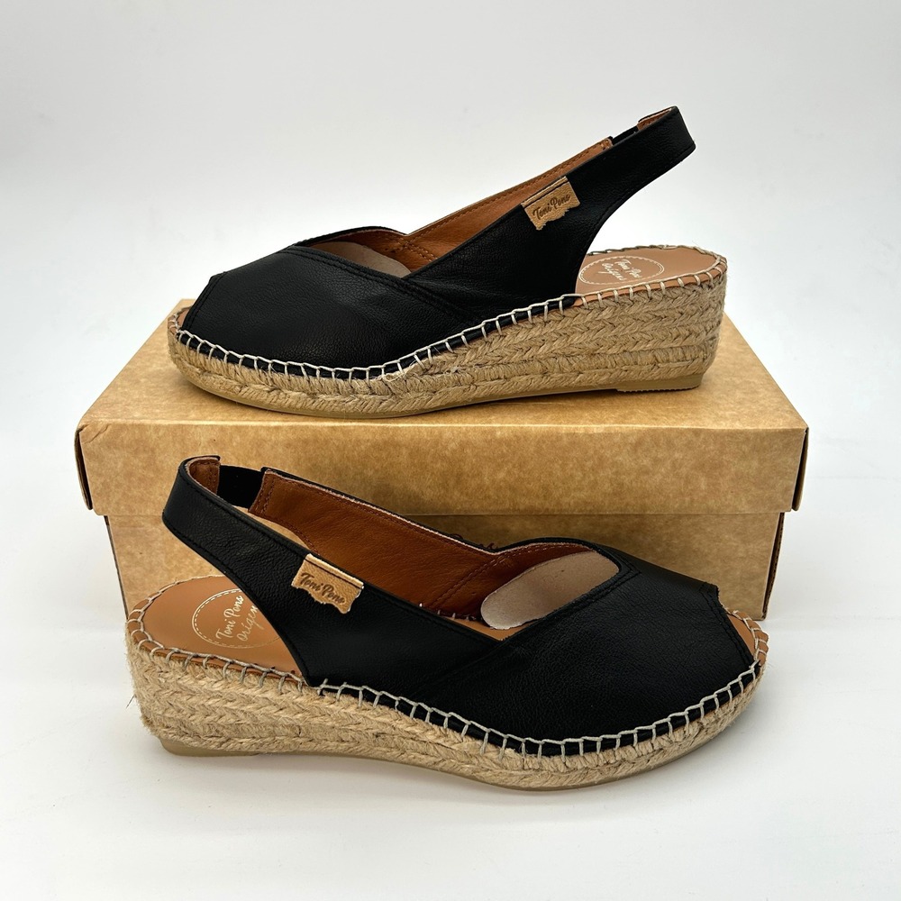 Toni Pons Womens Wedge Espadrilles Bernia-P Size 6.5 US, 37 EU Black Leather NEW